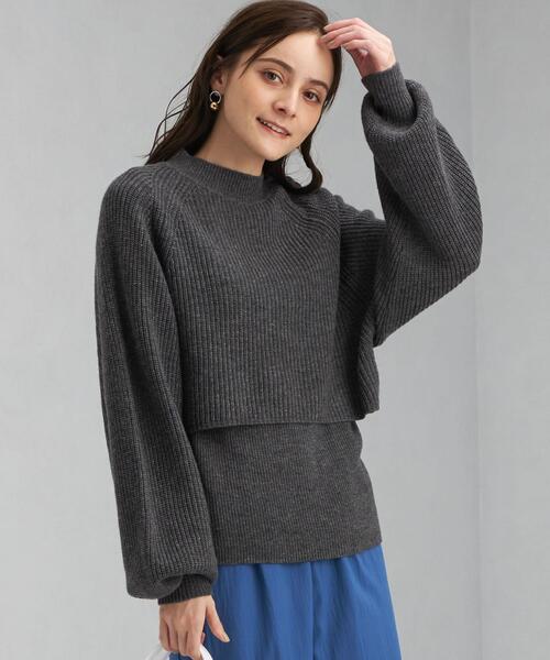 green label relaxing(グリーンレーベルリラクシング)の「レイヤード クロップド プルオーバー ニット -ウォッシャブル-(ニット/セーター・レディース・オフホワイト/ダークグレー/ケリー・FREE)」の3枚目の写真