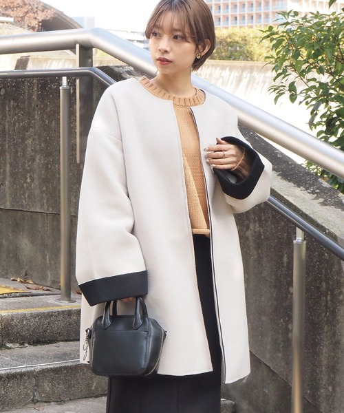 tiptop（ティップトップ）の「ボンディングコート（ノーカラーコート・レディース・ライトベージュ/アイボリー/ブラック・FREE）」の2枚目の写真