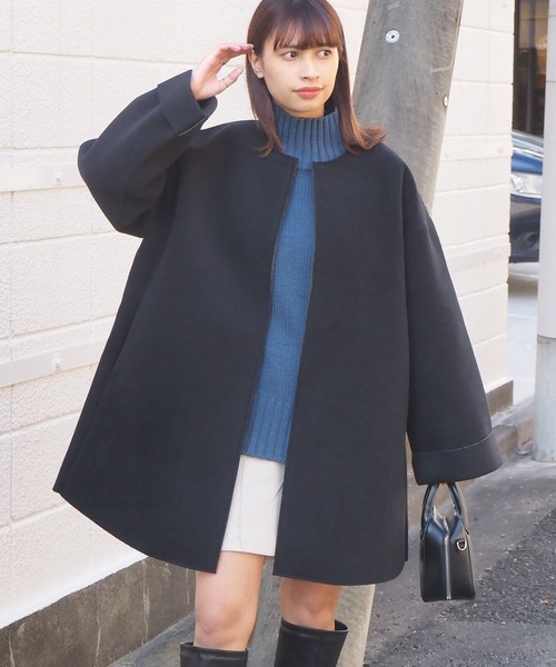 tiptop（ティップトップ）の「ボンディングコート（ノーカラーコート・レディース・ライトベージュ/アイボリー/ブラック・FREE）」の3枚目の写真