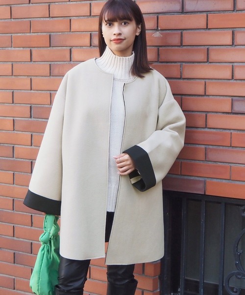 tiptop（ティップトップ）の「ボンディングコート（ノーカラーコート・レディース・ライトベージュ/アイボリー/ブラック・FREE）」の17枚目の写真