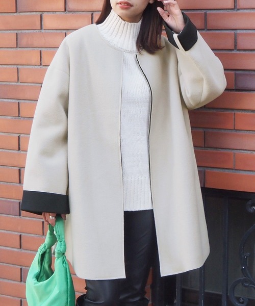 tiptop（ティップトップ）の「ボンディングコート（ノーカラーコート・レディース・ライトベージュ/アイボリー/ブラック・FREE）」の11枚目の写真