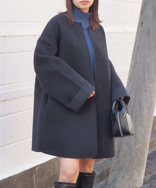 tiptop（ティップトップ）の「ボンディングコート（ノーカラーコート・レディース・ライトベージュ/アイボリー/ブラック・FREE）」の8枚目の写真