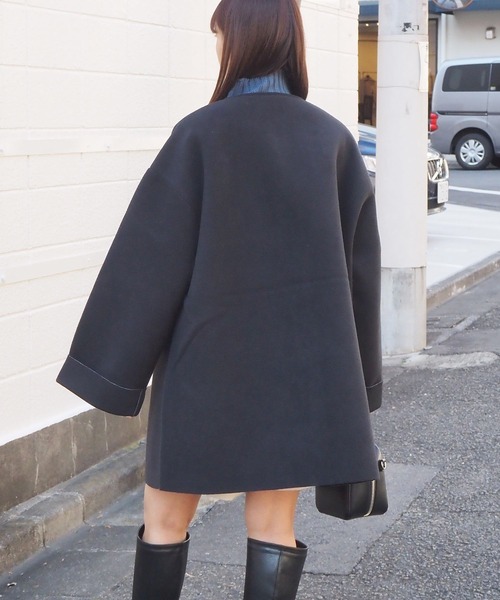 tiptop（ティップトップ）の「ボンディングコート（ノーカラーコート・レディース・ライトベージュ/アイボリー/ブラック・FREE）」の5枚目の写真