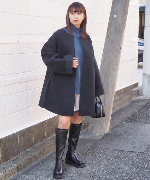 tiptop（ティップトップ）の「ボンディングコート（ノーカラーコート・レディース・ライトベージュ/アイボリー/ブラック・FREE）」の7枚目の写真