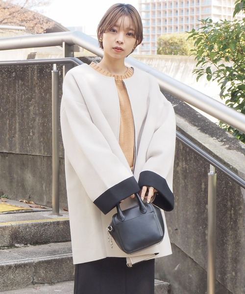 tiptop（ティップトップ）の「ボンディングコート（ノーカラーコート・レディース・ライトベージュ/アイボリー/ブラック・FREE）」の6枚目の写真