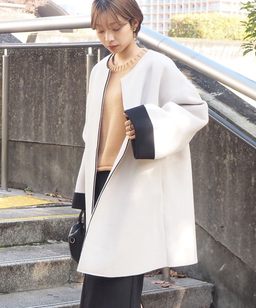 tiptop（ティップトップ）の「ボンディングコート（ノーカラーコート・レディース・ライトベージュ/アイボリー/ブラック・FREE）」の16枚目の写真