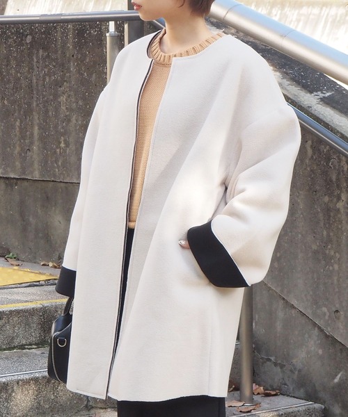 tiptop（ティップトップ）の「ボンディングコート（ノーカラーコート・レディース・ライトベージュ/アイボリー/ブラック・FREE）」の10枚目の写真