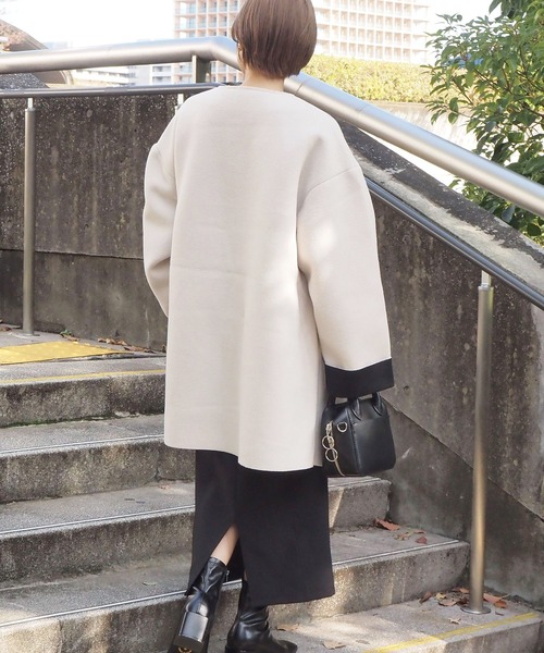 tiptop（ティップトップ）の「ボンディングコート（ノーカラーコート・レディース・ライトベージュ/アイボリー/ブラック・FREE）」の14枚目の写真