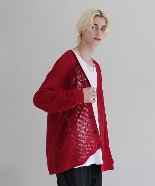 ASTRONOMY（アストロノミー）の「透かし編みVネックメッシュルーズカーディガン（カーディガン/ボレロ・メンズ・ブラック/ブルー/ベージュ/グリーン/チャコール/パープル/ワイン・M/L/S）」の7枚目の写真