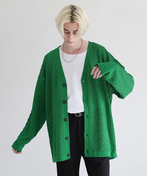 ASTRONOMY（アストロノミー）の「透かし編みVネックメッシュルーズカーディガン（カーディガン/ボレロ・メンズ・ブラック/ブルー/ベージュ/グリーン/チャコール/パープル/ワイン・M/L/S）」の5枚目の写真