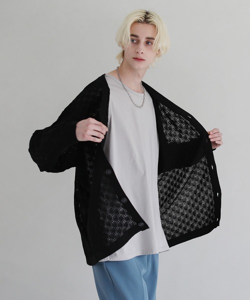 ASTRONOMY（アストロノミー）の「透かし編みVネックメッシュルーズカーディガン（カーディガン/ボレロ・メンズ・ブラック/ブルー/ベージュ/グリーン/チャコール/パープル/ワイン・M/L/S）」の2枚目の写真