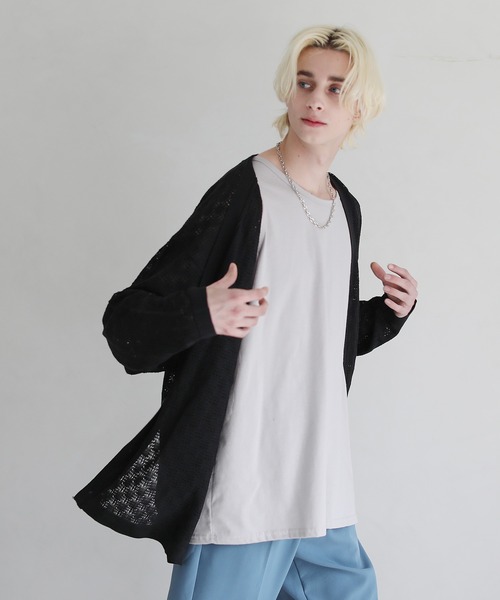 ASTRONOMY（アストロノミー）の「透かし編みVネックメッシュルーズカーディガン（カーディガン/ボレロ・メンズ・ブラック/ブルー/ベージュ/グリーン/チャコール/パープル/ワイン・M/L/S）」の17枚目の写真