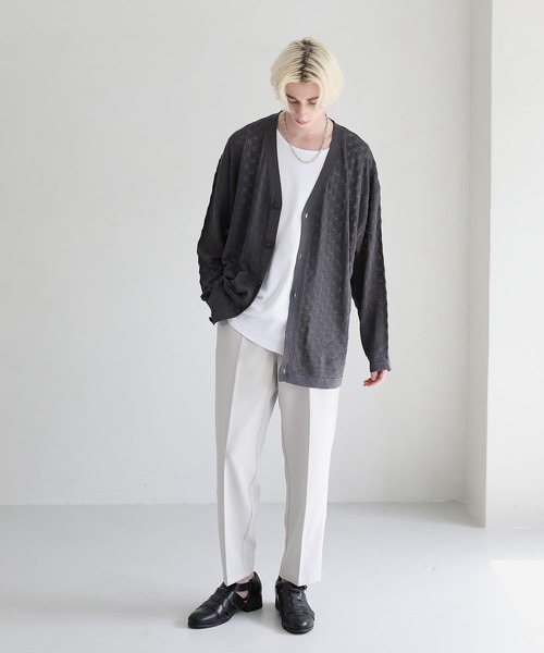 ASTRONOMY（アストロノミー）の「透かし編みVネックメッシュルーズカーディガン（カーディガン/ボレロ・メンズ・ブラック/ブルー/ベージュ/グリーン/チャコール/パープル/ワイン・M/L/S）」の22枚目の写真