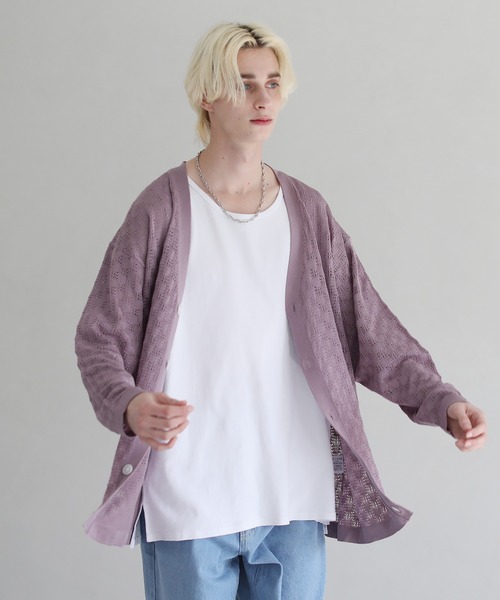 カーディガン ASTRO VELENCE LOL セール】透かし編みVネックメッシュルーズカーディガン