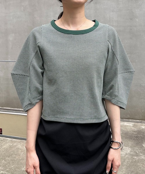CAPRICIEUX LE'MAGE（カプリシューレマージュ）の「チェック立体スリーブTシャツ（Tシャツ/カットソー・レディース・ブラック/グリーン・FREE）」の10枚目の写真
