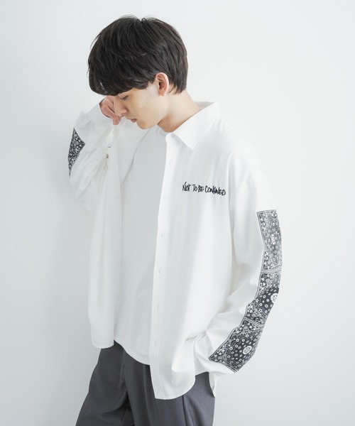 Rocky Monroe(ロッキーモンロー)の「オーバーサイズシャツ ペイズリープリントストレッチとろみビッグ長袖刺繍シャツ(シャツ/ブラウス・メンズ・ホワイト/ライトグレー/ブラック・L/M)」の1枚目の写真
