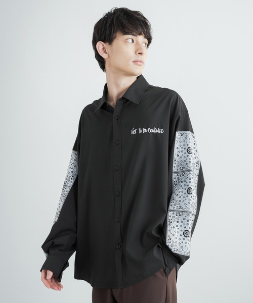 Rocky Monroe(ロッキーモンロー)の「オーバーサイズシャツ ペイズリープリントストレッチとろみビッグ長袖刺繍シャツ(シャツ/ブラウス・メンズ・ホワイト/ライトグレー/ブラック・L/M)」の2枚目の写真