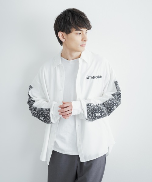 Rocky Monroe(ロッキーモンロー)の「オーバーサイズシャツ ペイズリープリントストレッチとろみビッグ長袖刺繍シャツ(シャツ/ブラウス・メンズ・ホワイト/ライトグレー/ブラック・L/M)」の4枚目の写真
