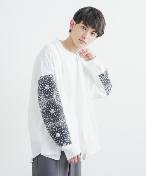 Rocky Monroe(ロッキーモンロー)の「オーバーサイズシャツ ペイズリープリントストレッチとろみビッグ長袖刺繍シャツ(シャツ/ブラウス・メンズ・ホワイト/ライトグレー/ブラック・L/M)」の5枚目の写真