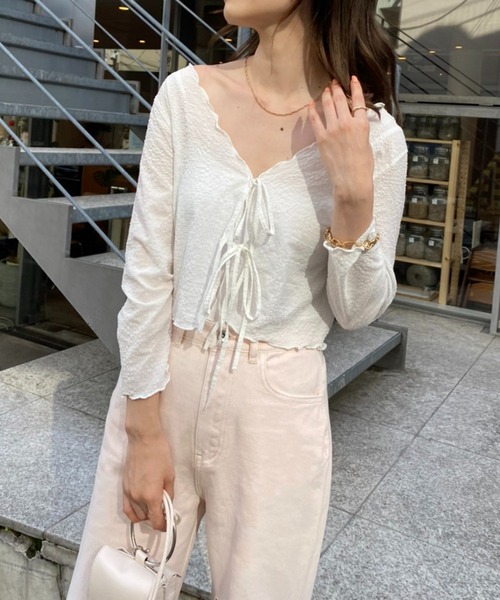 one after another NICE CLAUP（ワンアフターアナザーナイスクラップ）の「シアーショート羽織（Tシャツ/カットソー・レディース・オフホワイト/ブラック/ライトグリーン/イエロー・FREE）」の2枚目の写真