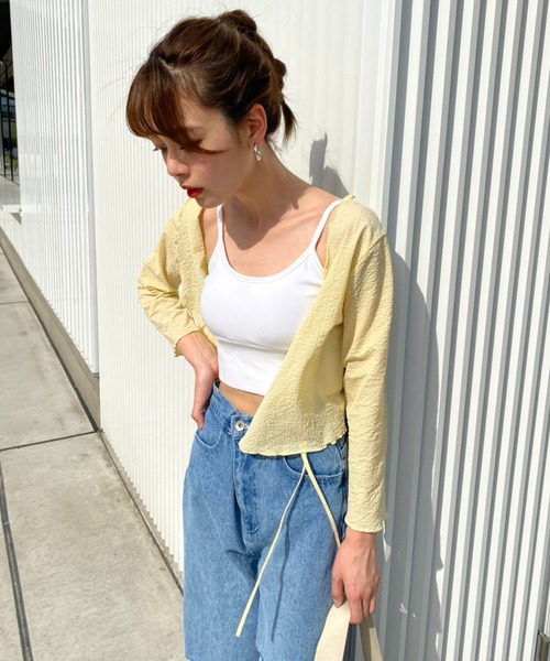 one after another NICE CLAUP（ワンアフターアナザーナイスクラップ）の「シアーショート羽織（Tシャツ/カットソー・レディース・オフホワイト/ブラック/ライトグリーン/イエロー・FREE）」の4枚目の写真