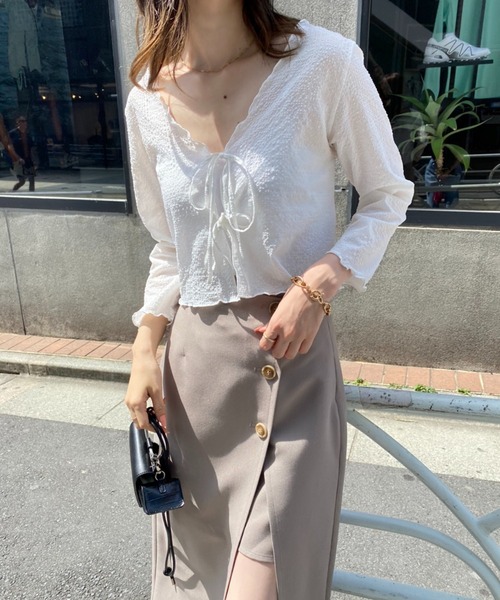 one after another NICE CLAUP（ワンアフターアナザーナイスクラップ）の「シアーショート羽織（Tシャツ/カットソー・レディース・オフホワイト/ブラック/ライトグリーン/イエロー・FREE）」の6枚目の写真