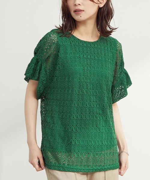 Green Parks(グリーンパークス)の「5分袖カットレースプルオーバー(Tシャツ/カットソー・レディース・ブラック/オフホワイト/グリーン・FREE)」の1枚目の写真