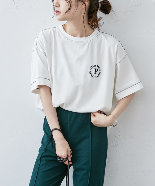 PUAL CE CIN(ピュアルセシン)の「フロッキープリント配色ステッチT(Tシャツ/カットソー・レディース・オフホワイト/チャコールグレー/グレイッシュベージュ・FREE)」の2枚目の写真