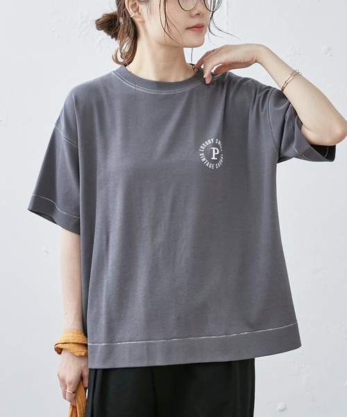 PUAL CE CIN(ピュアルセシン)の「フロッキープリント配色ステッチT(Tシャツ/カットソー・レディース・オフホワイト/チャコールグレー/グレイッシュベージュ・FREE)」の10枚目の写真