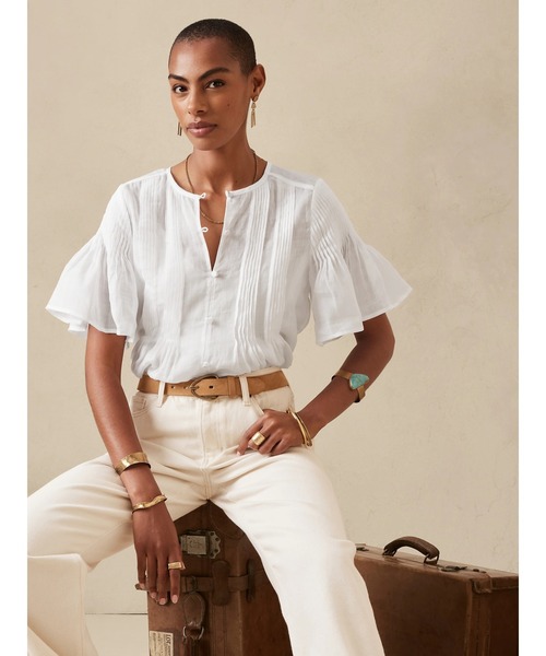 Banana Republic(バナナリパブリック)の「ラミーピンタック シャツ(シャツ/ブラウス・レディース・ブルー系その他/ホワイト/グリーン・S/L/XS/M)」の2枚目の写真