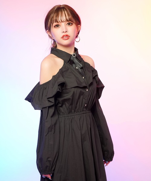 Diable baiser(ディアブルベーゼ)の「丈選べる肩魅せフリルデザインドッキングシャツワンピース(ワンピース・レディース・ブラック/ホワイト/ホワイト系その他/ブラック系その他・LARGE/X-LARGE/XX-LARGE/MEDIUM)」の9枚目の写真