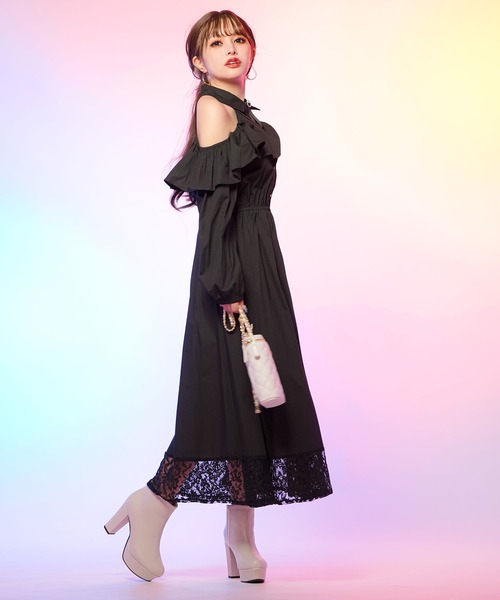 Diable baiser(ディアブルベーゼ)の「丈選べる肩魅せフリルデザインドッキングシャツワンピース(ワンピース・レディース・ブラック/ホワイト/ホワイト系その他/ブラック系その他・LARGE/X-LARGE/XX-LARGE/MEDIUM)」の11枚目の写真