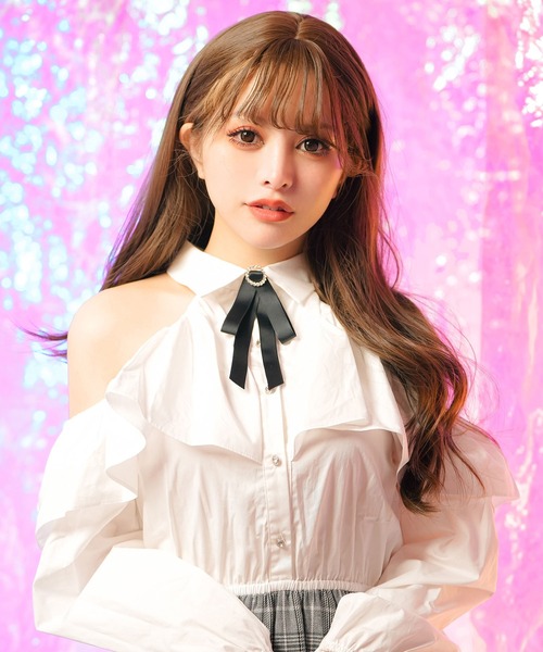 Diable baiser(ディアブルベーゼ)の「丈選べる肩魅せフリルデザインドッキングシャツワンピース(ワンピース・レディース・ブラック/ホワイト/ホワイト系その他/ブラック系その他・LARGE/X-LARGE/XX-LARGE/MEDIUM)」の12枚目の写真