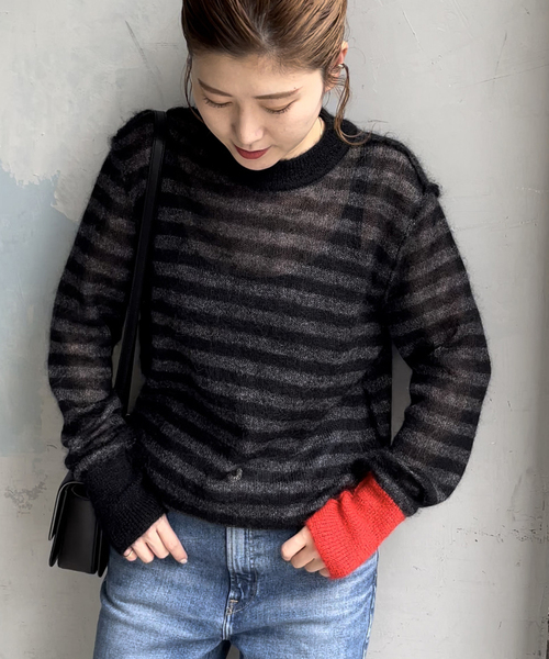 WRAPINKNOT(ラッピンノット)の「【WRAPINKNOT / ラッピンノット】 Mohair Border Knit(ニット/セーター・レディース・チャコールグレー/ホワイト・FREE)」の1枚目の写真