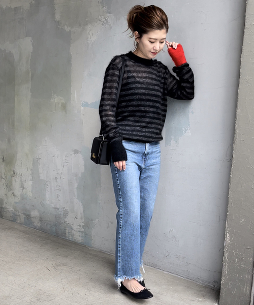 WRAPINKNOT(ラッピンノット)の「【WRAPINKNOT / ラッピンノット】 Mohair Border Knit(ニット/セーター・レディース・チャコールグレー/ホワイト・FREE)」の4枚目の写真