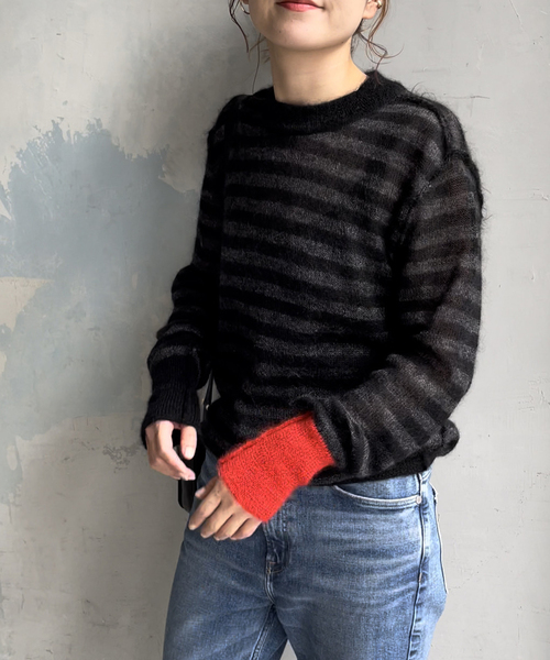WRAPINKNOT(ラッピンノット)の「【WRAPINKNOT / ラッピンノット】 Mohair Border Knit(ニット/セーター・レディース・チャコールグレー/ホワイト・FREE)」の6枚目の写真