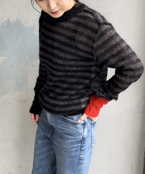 WRAPINKNOT(ラッピンノット)の「【WRAPINKNOT / ラッピンノット】 Mohair Border Knit(ニット/セーター・レディース・チャコールグレー/ホワイト・FREE)」の7枚目の写真