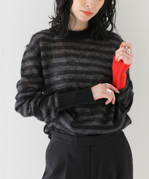 WRAPINKNOT(ラッピンノット)の「【WRAPINKNOT / ラッピンノット】 Mohair Border Knit(ニット/セーター・レディース・チャコールグレー/ホワイト・FREE)」の12枚目の写真