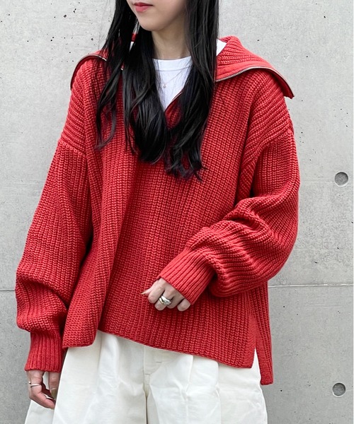 Meli rich（メリーリッチ）の「ジップアップニットプルオーバー（ニット/セーター・レディース・グレイッシュベージュ/ブラック/ライム/オレンジ/アイボリー・MEDIUM）」の8枚目の写真