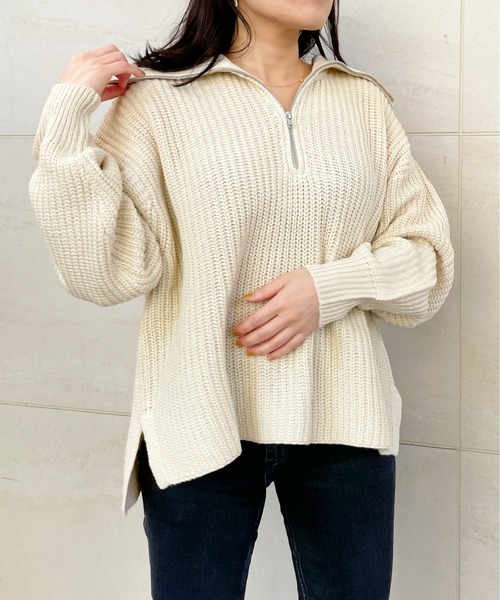 Meli rich（メリーリッチ）の「ジップアップニットプルオーバー（ニット/セーター・レディース・グレイッシュベージュ/ブラック/ライム/オレンジ/アイボリー・MEDIUM）」の9枚目の写真