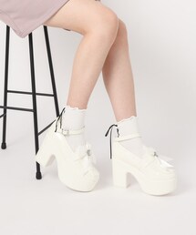 ビジューリボン付きローファー厚底パンプス