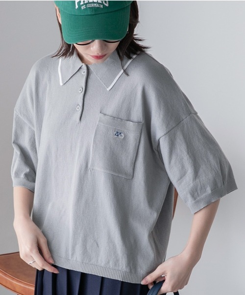 BONLECILL（ボンルシール）の「【JAMMINコラボ】バイシクルモチーフ刺繍 配色ライン ニットポロプルオーバー（ポロシャツ・レディース・ネイビー/ブラック/アイボリー/グレー・FREE）」の4枚目の写真