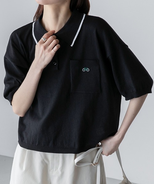 BONLECILL（ボンルシール）の「【JAMMINコラボ】バイシクルモチーフ刺繍 配色ライン ニットポロプルオーバー（ポロシャツ・レディース・ネイビー/ブラック/アイボリー/グレー・FREE）」の3枚目の写真