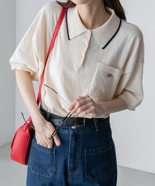 BONLECILL（ボンルシール）の「【JAMMINコラボ】バイシクルモチーフ刺繍 配色ライン ニットポロプルオーバー（ポロシャツ・レディース・ネイビー/ブラック/アイボリー/グレー・FREE）」の17枚目の写真
