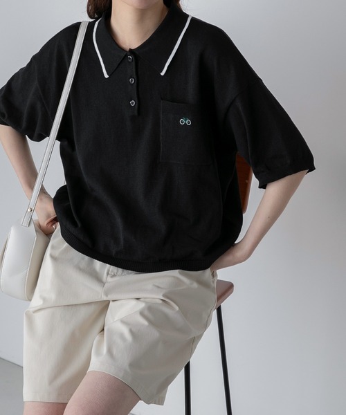 BONLECILL（ボンルシール）の「【JAMMINコラボ】バイシクルモチーフ刺繍 配色ライン ニットポロプルオーバー（ポロシャツ・レディース・ネイビー/ブラック/アイボリー/グレー・FREE）」の6枚目の写真