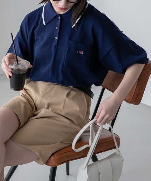 BONLECILL（ボンルシール）の「【JAMMINコラボ】バイシクルモチーフ刺繍 配色ライン ニットポロプルオーバー（ポロシャツ・レディース・ネイビー/ブラック/アイボリー/グレー・FREE）」の21枚目の写真