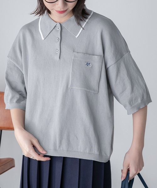 BONLECILL（ボンルシール）の「【JAMMINコラボ】バイシクルモチーフ刺繍 配色ライン ニットポロプルオーバー（ポロシャツ・レディース・ネイビー/ブラック/アイボリー/グレー・FREE）」の19枚目の写真