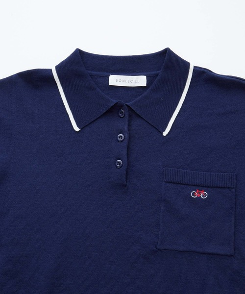 BONLECILL（ボンルシール）の「【JAMMINコラボ】バイシクルモチーフ刺繍 配色ライン ニットポロプルオーバー（ポロシャツ・レディース・ネイビー/ブラック/アイボリー/グレー・FREE）」の16枚目の写真