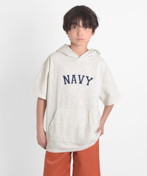 GLAZOS（グラソス）の「ミニ裏毛・カレッジプリント5分袖ビッグパーカー【セットアップ対応】（パーカー・キッズ・ネイビー/オートミール・170cm/140cm/160cm/150cm）」の2枚目の写真