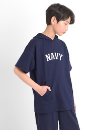 GLAZOS | ミニ裏毛・カレッジプリント5分袖ビッグパーカー【セットアップ対応】(パーカー)